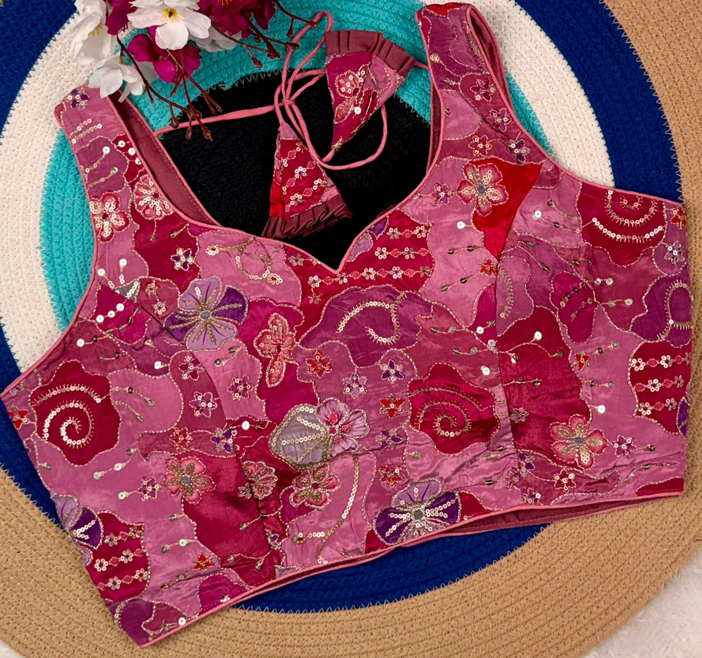 Pink Floral Patchwork & Sequin Designer Blouse | Alterable 38-42