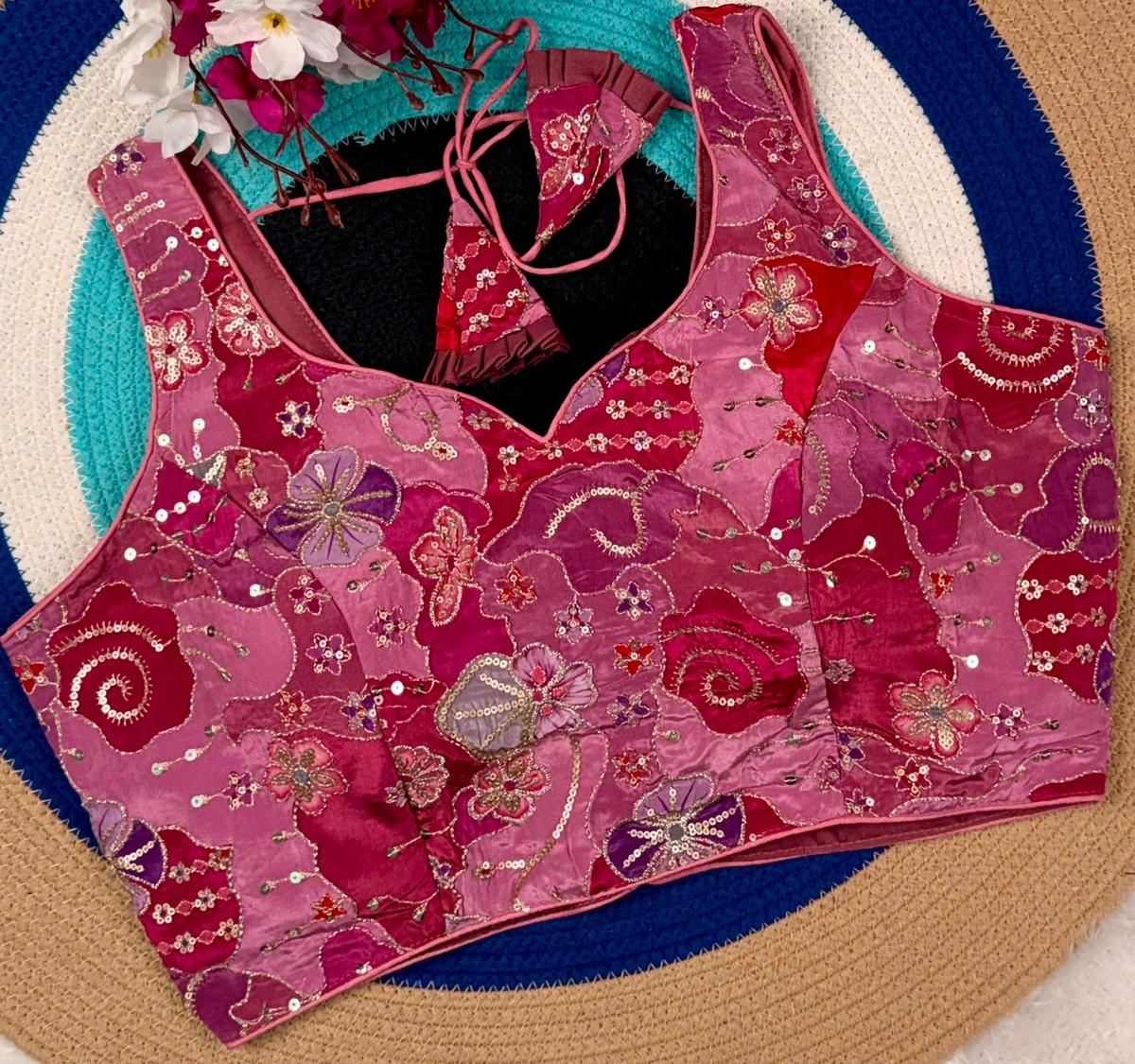 Pink Floral Patchwork & Sequin Designer Blouse | Alterable 38-42