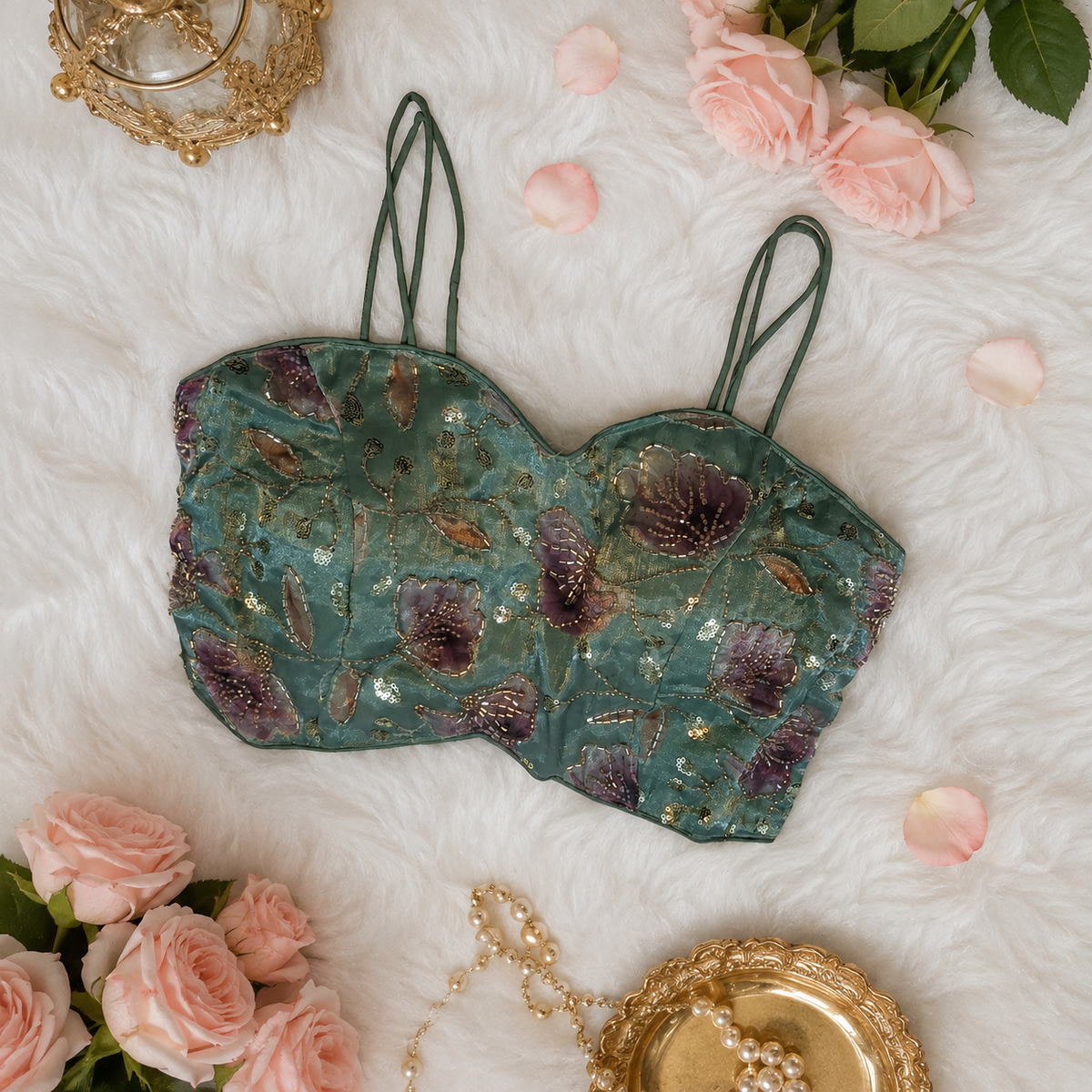 Green Floral Embroidered Spaghetti Strap Designer Blouse | Alterable 38-42