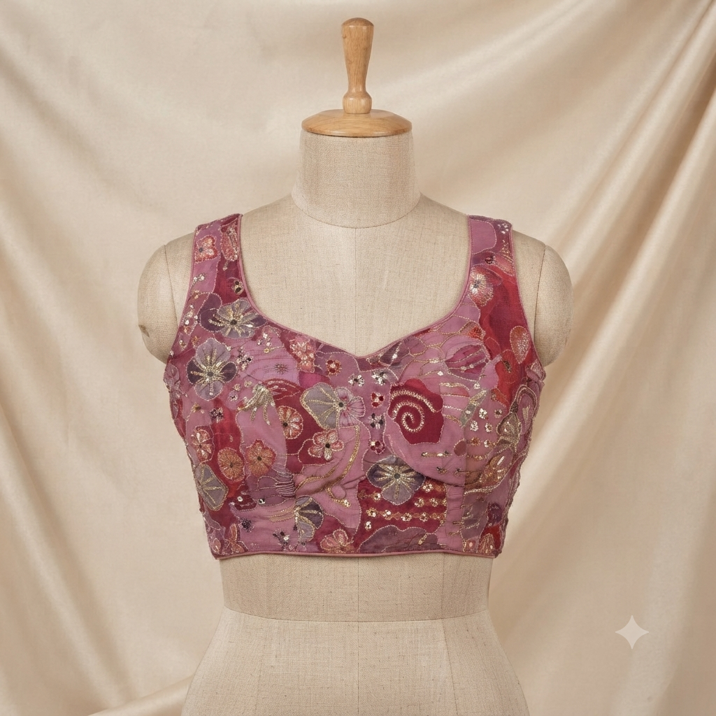 Pink Floral Patchwork & Sequin Designer Blouse | Alterable 38-42