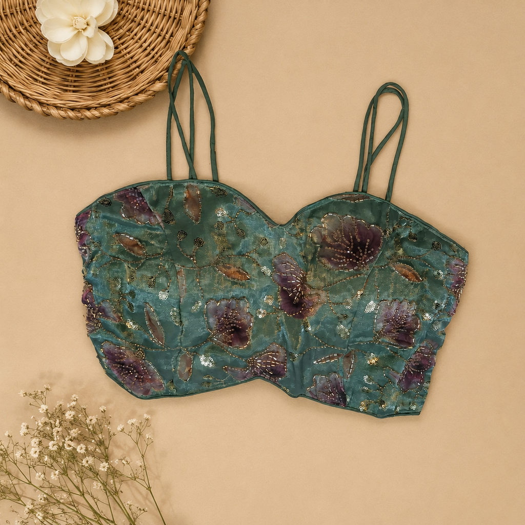 Green Floral Embroidered Spaghetti Strap Designer Blouse | Alterable 38-42
