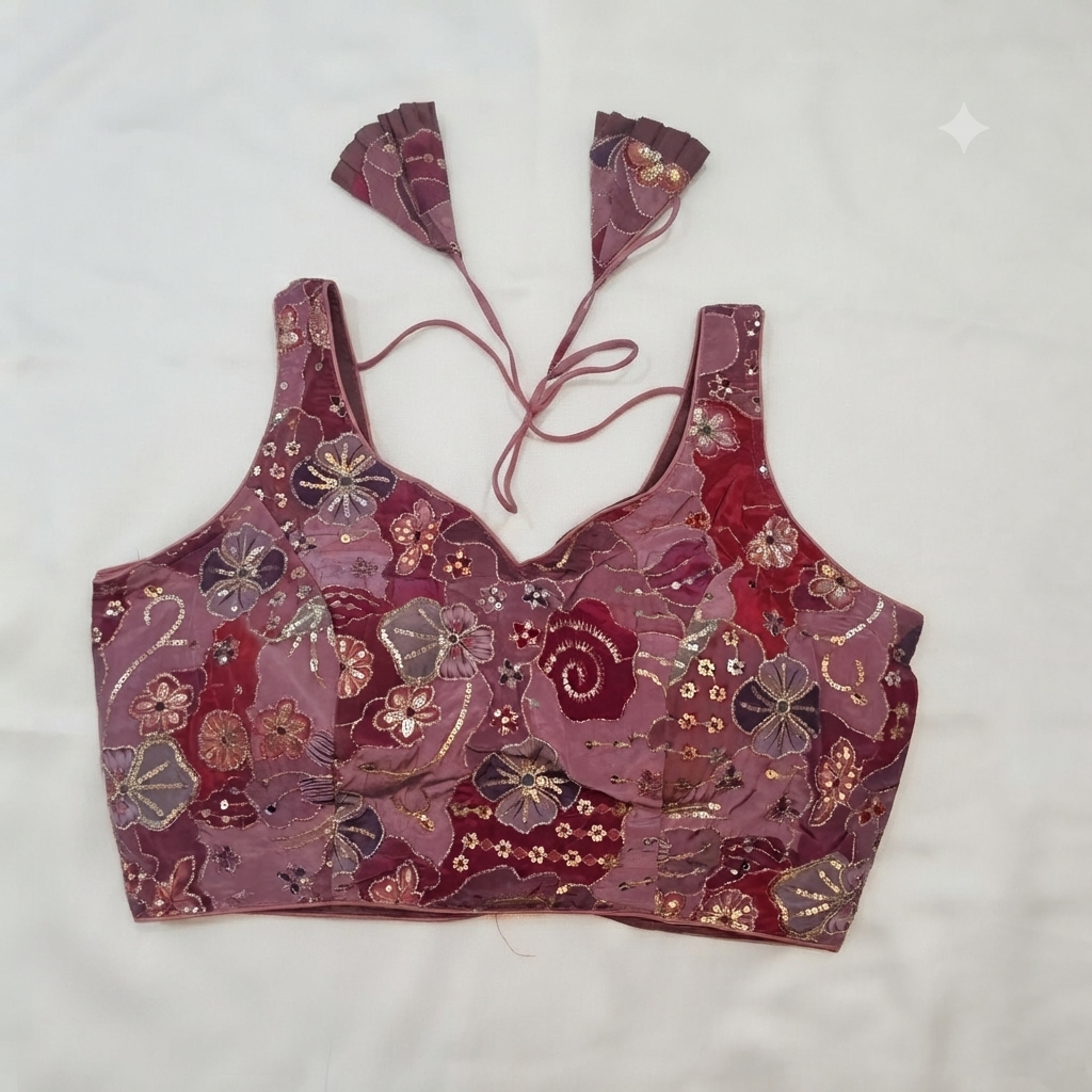 Pink Floral Patchwork & Sequin Designer Blouse | Alterable 38-42