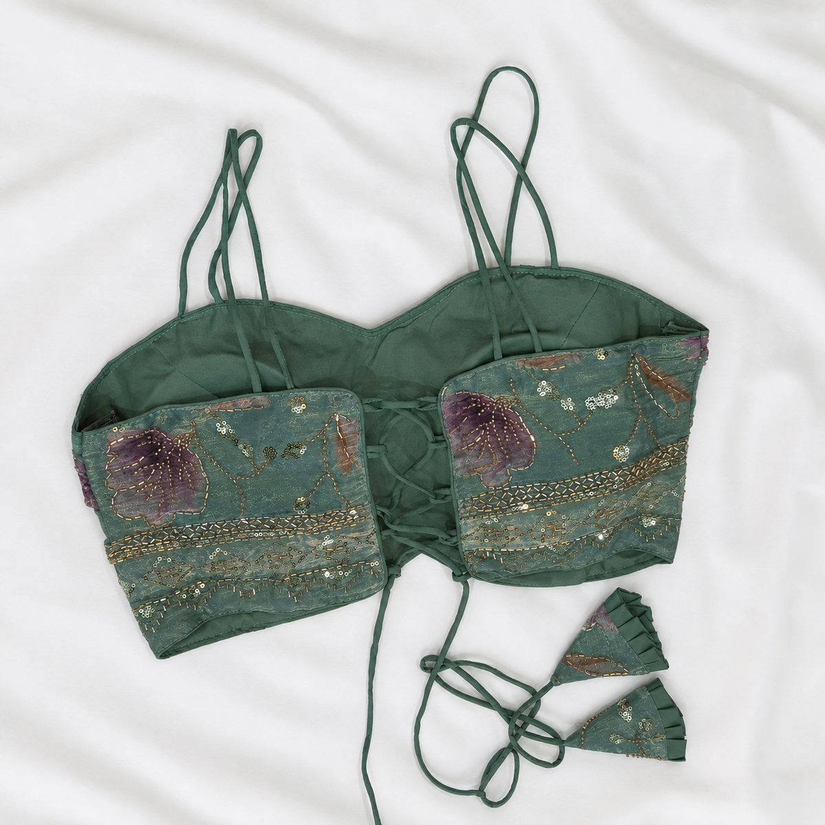 Green Floral Embroidered Spaghetti Strap Designer Blouse | Alterable 38-42