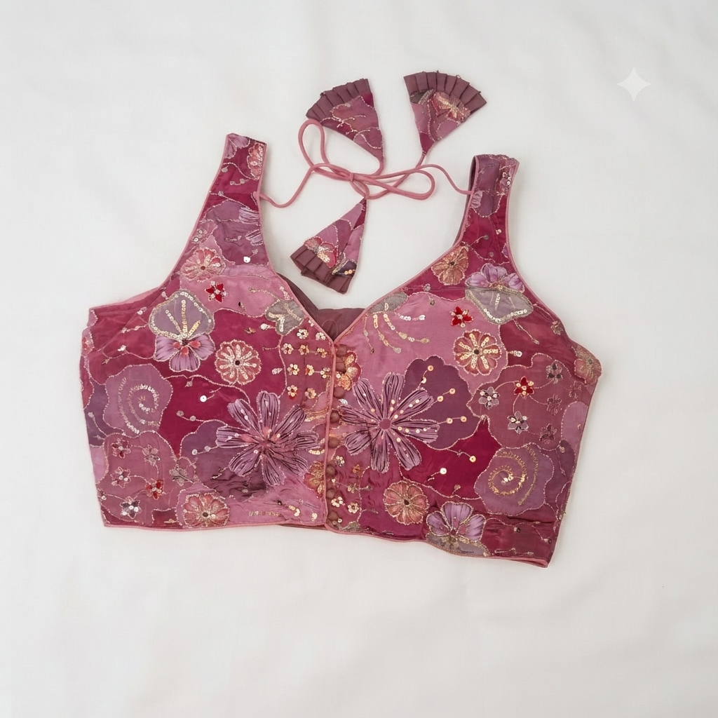 Pink Floral Patchwork & Sequin Designer Blouse | Alterable 38-42