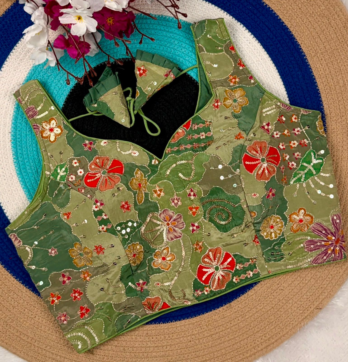 Olive Green Floral Patchwork & Sequin Designer Blouse | Alterable 38-42