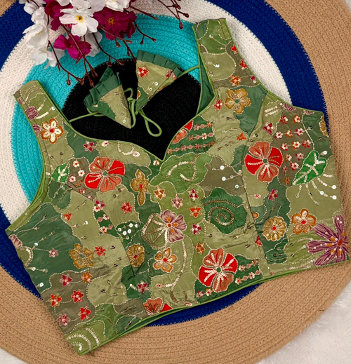 Olive Green Floral Patchwork & Sequin Designer Blouse | Alterable 38-42