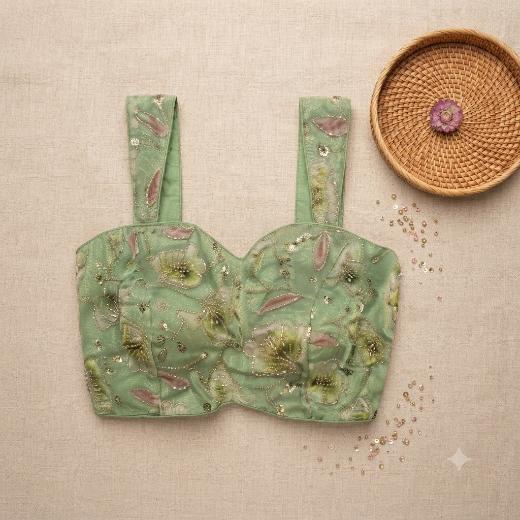 Sage Green Floral Embroidered Wide-Strap Designer Blouse | Alterable 38-42