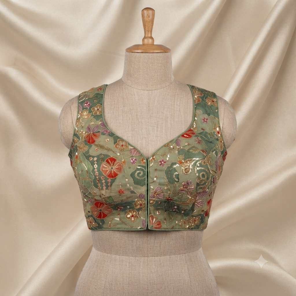 Olive Green Floral Patchwork & Sequin Designer Blouse | Alterable 38-42
