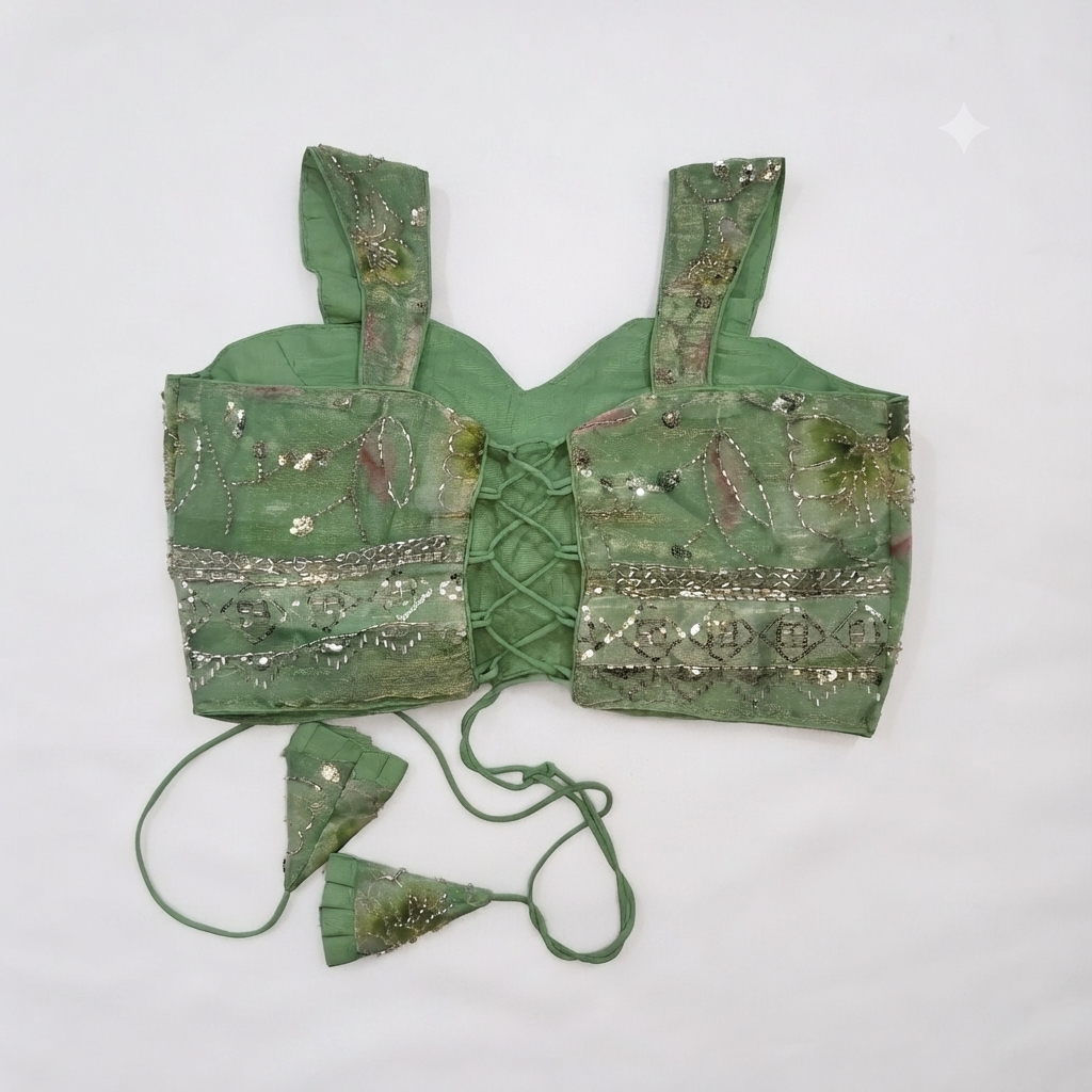 Sage Green Floral Embroidered Wide-Strap Designer Blouse | Alterable 38-42