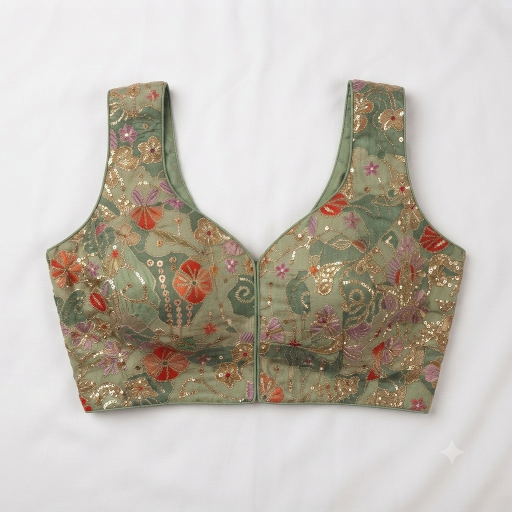 Olive Green Floral Patchwork & Sequin Designer Blouse | Alterable 38-42