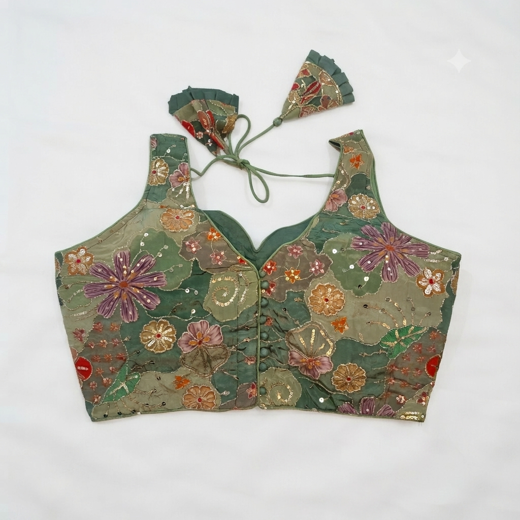 Olive Green Floral Patchwork & Sequin Designer Blouse | Alterable 38-42