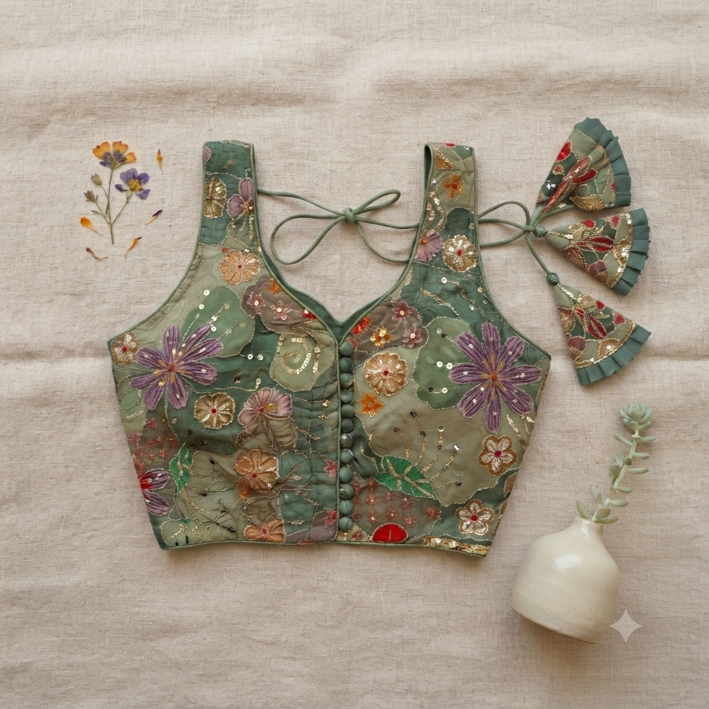 Olive Green Floral Patchwork & Sequin Designer Blouse | Alterable 38-42