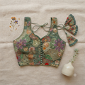 Olive Green Floral Patchwork & Sequin Designer Blouse | Alterable 38-42