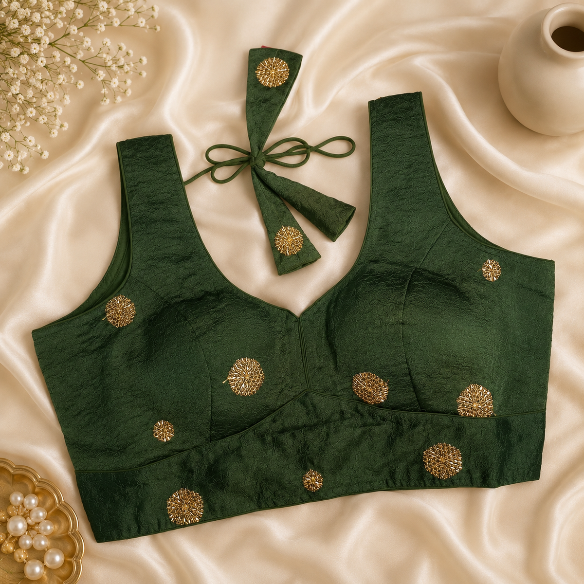 Green Designer Silk Blend Embroidered Blouse