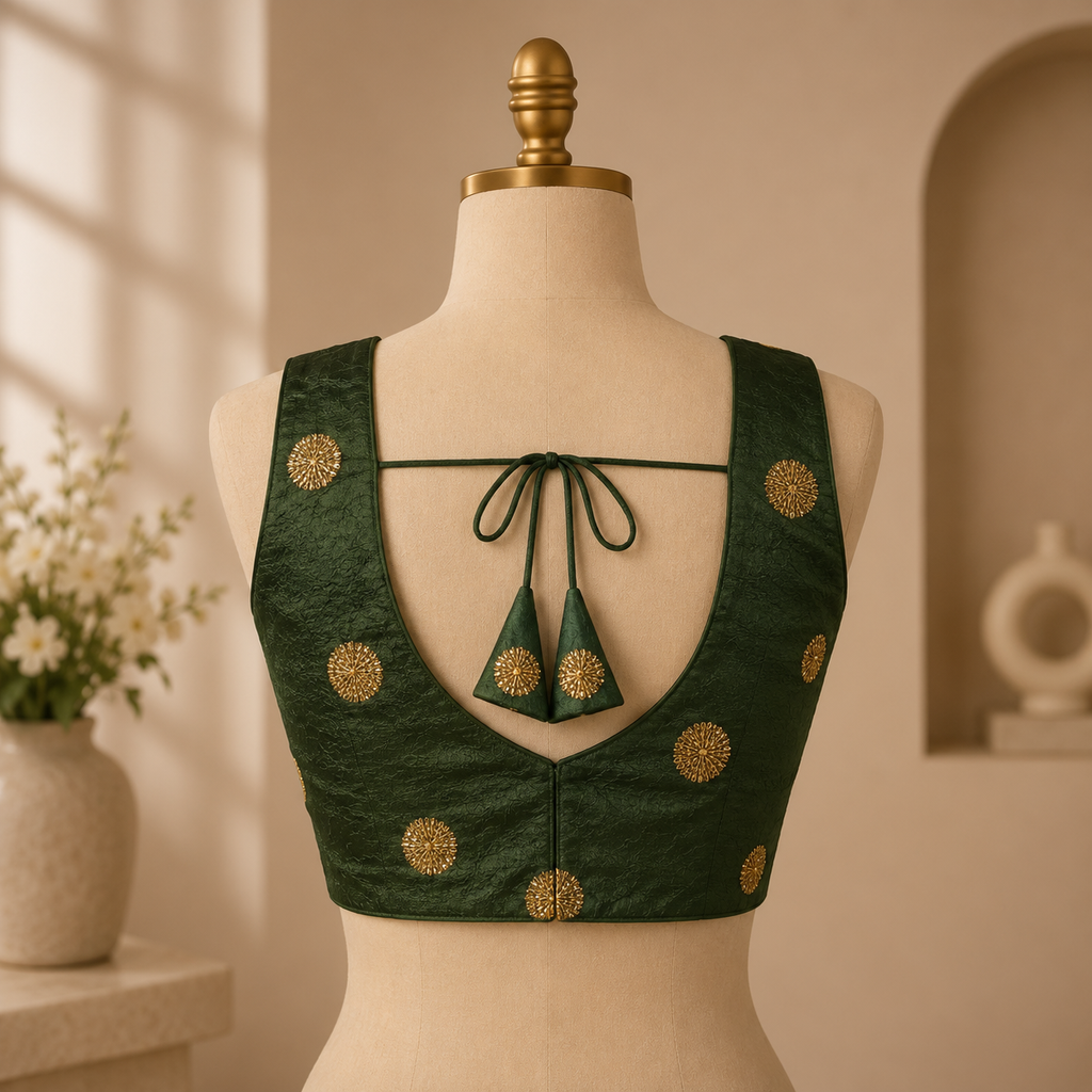 Green Designer Silk Blend Embroidered Blouse